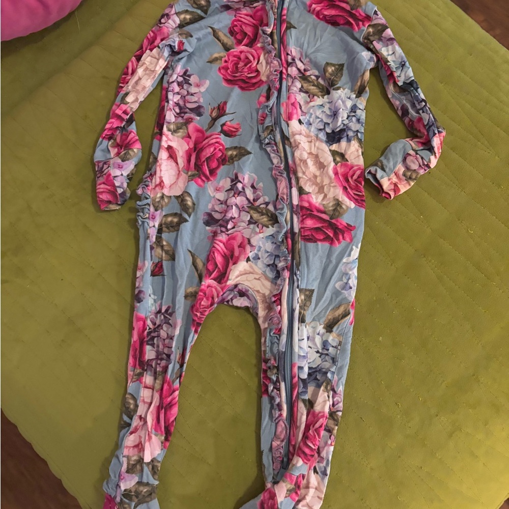 Posh Peanut Blue Floral Footie One Piece with Zipper